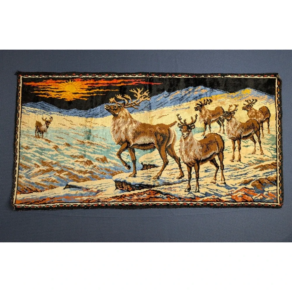 Vintage Italian Reindeer Tapestry Wall Hanging Velvet Scene Made in Italy 38x19